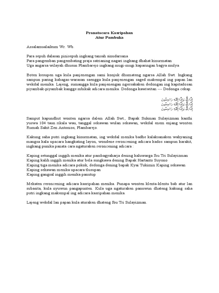 Contoh Teks Pranatacara Bahasa Jawa Lelayu