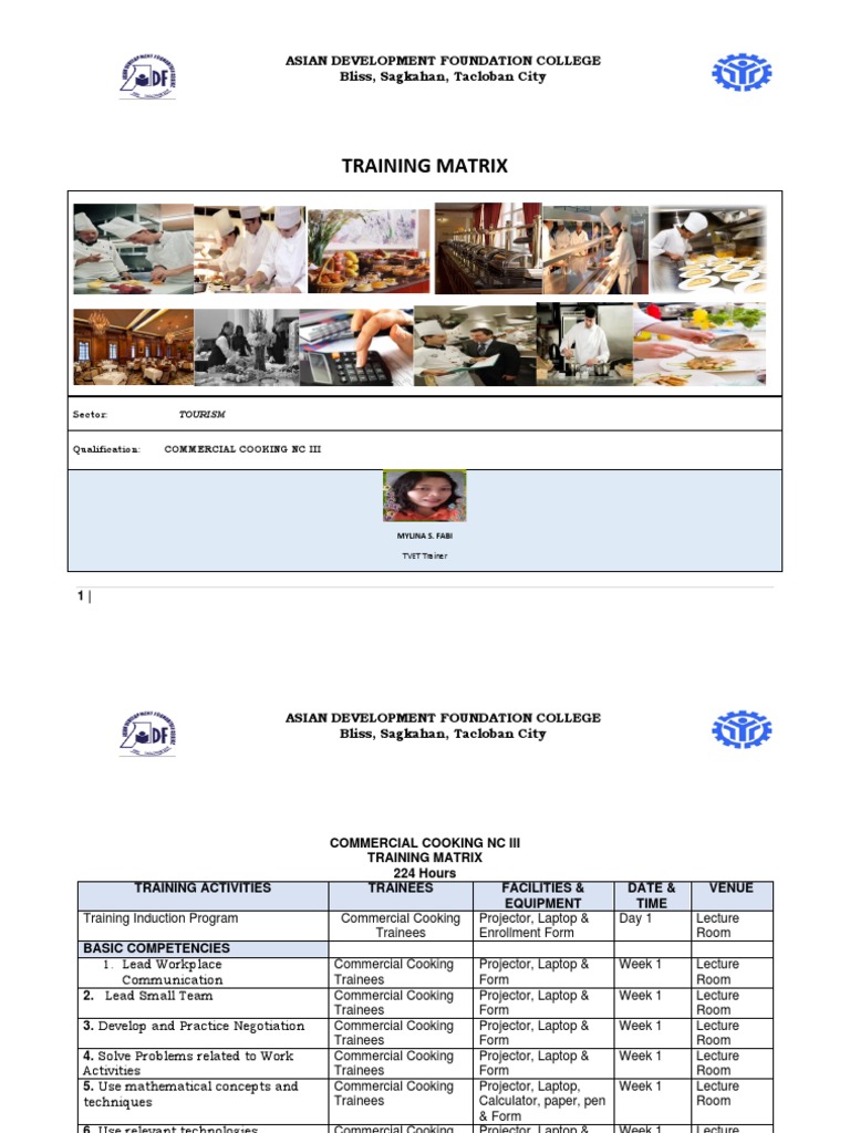 COMMERCIAL COOKING NC III Training Matrix PDF Buffet Menu