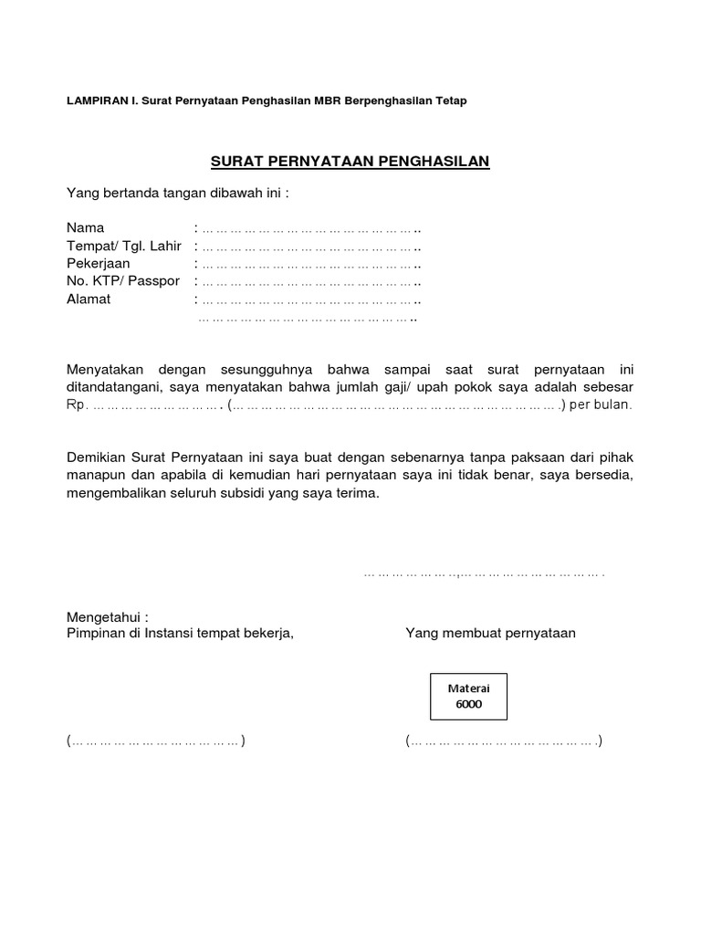 Surat Pernyataan Penghasilan