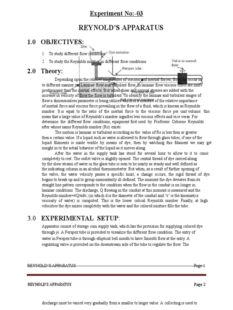 Reynolds Apparatus Experiment Overview | PDF | Reynolds Number | Fluid ...