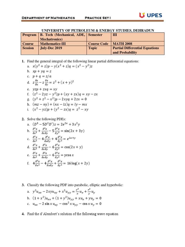 Department Of Mathematics Practice Set I Wave Equation Probability