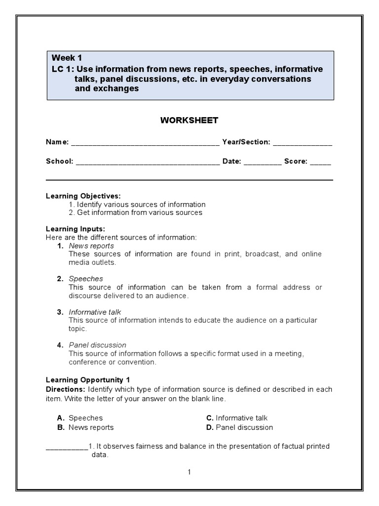 LC 1 Sample Worksheet FINAL | PDF | Speech | Concept