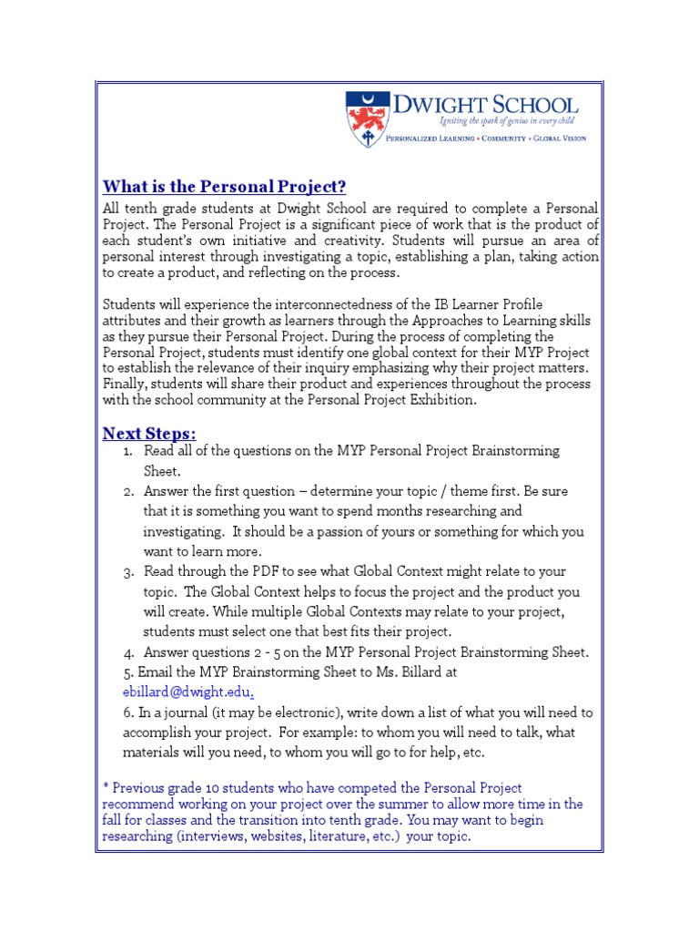 W Ha T I S TH e Persona L Project ?: Ebillard@dwight - Edu | PDF ...