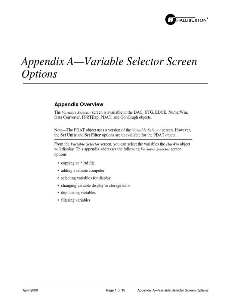 Appendix A-Variable Selector Screen Options | PDF | Computer File ...