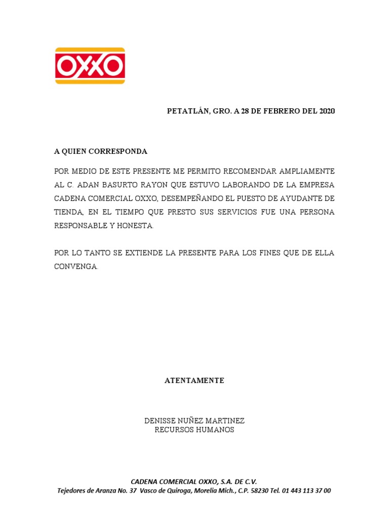 Carta de Recomendación Oxxo  PDF