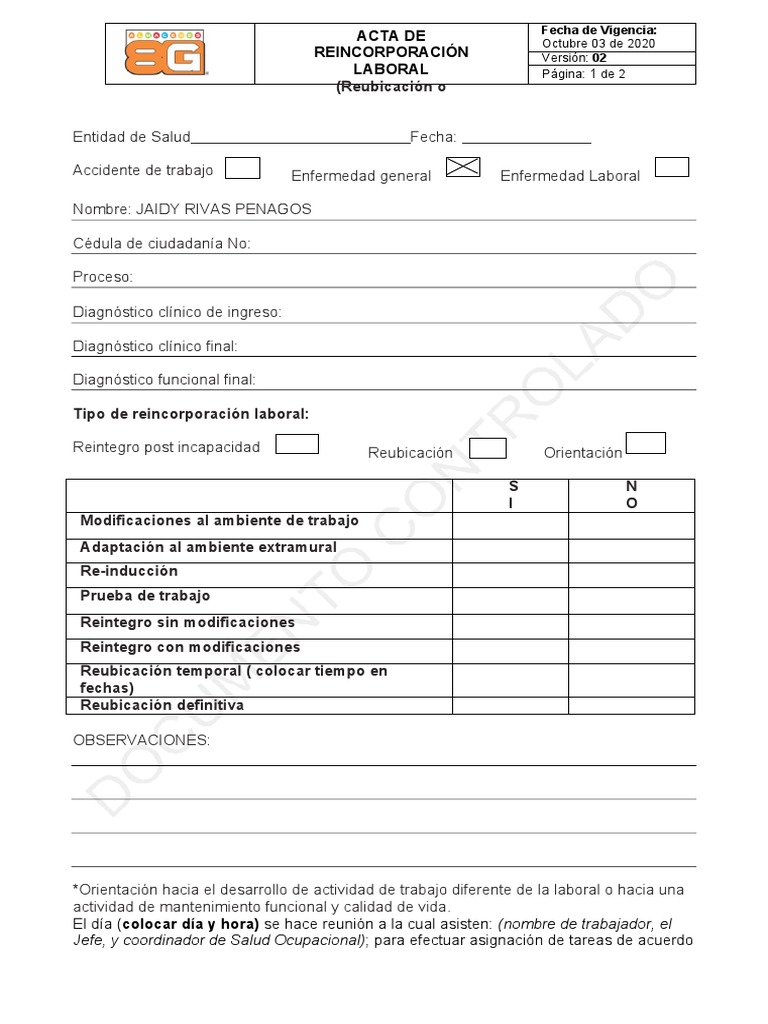 Acta de Reincorporación Laboral | PDF
