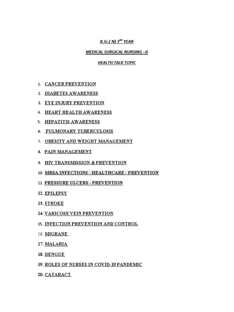 Health Talk Topics for Nursing Students | PDF