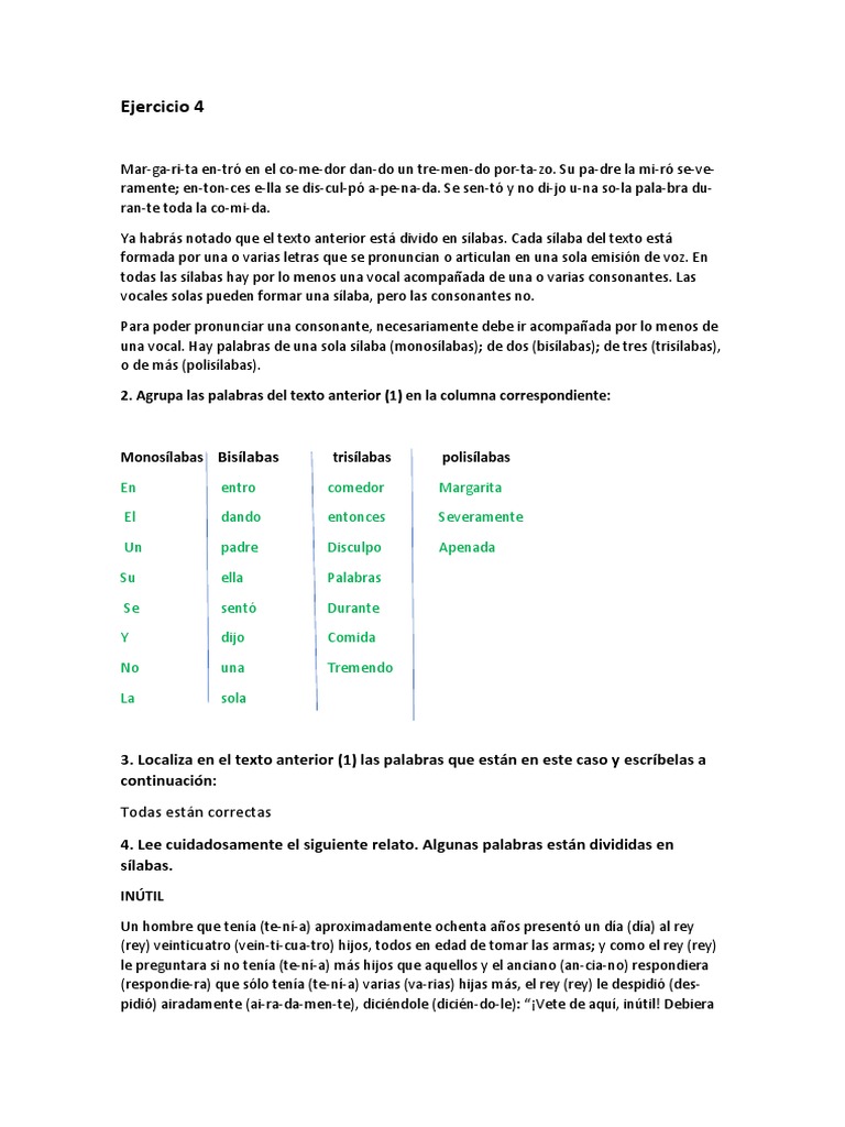 Ejercicio de División Silábica y Diptongos | PDF | Sílaba | Vocal