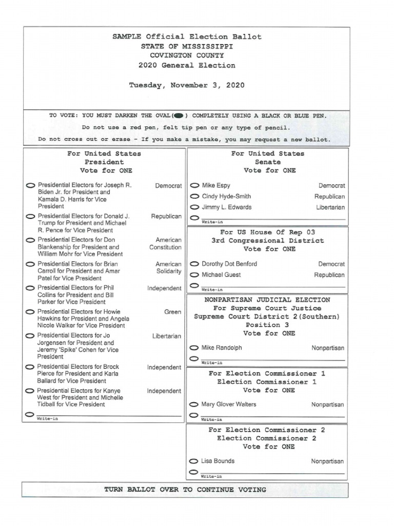 Covington County Sample Ballot Nov. 2020