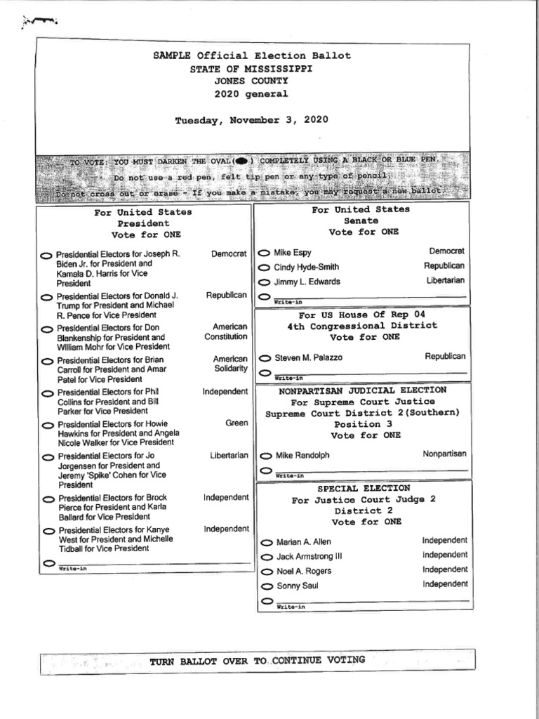Jones County Sample Ballot Nov. 2020