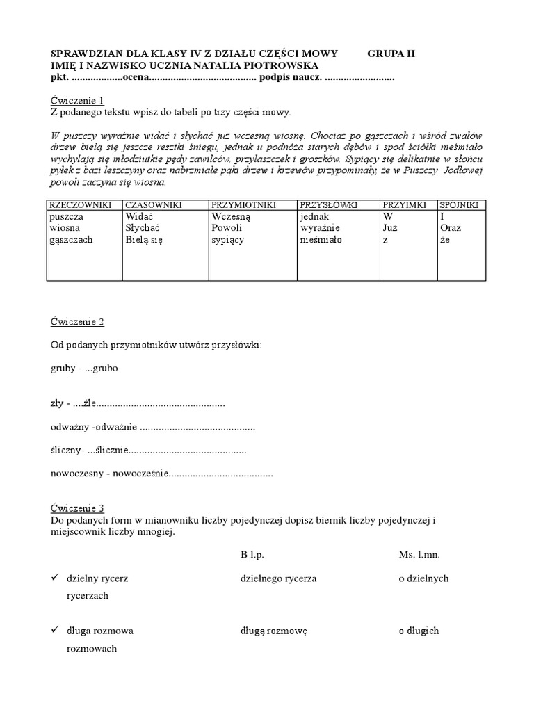 Nieodmienne Części Mowy Sprawdzian Klasa 6 Pdf
