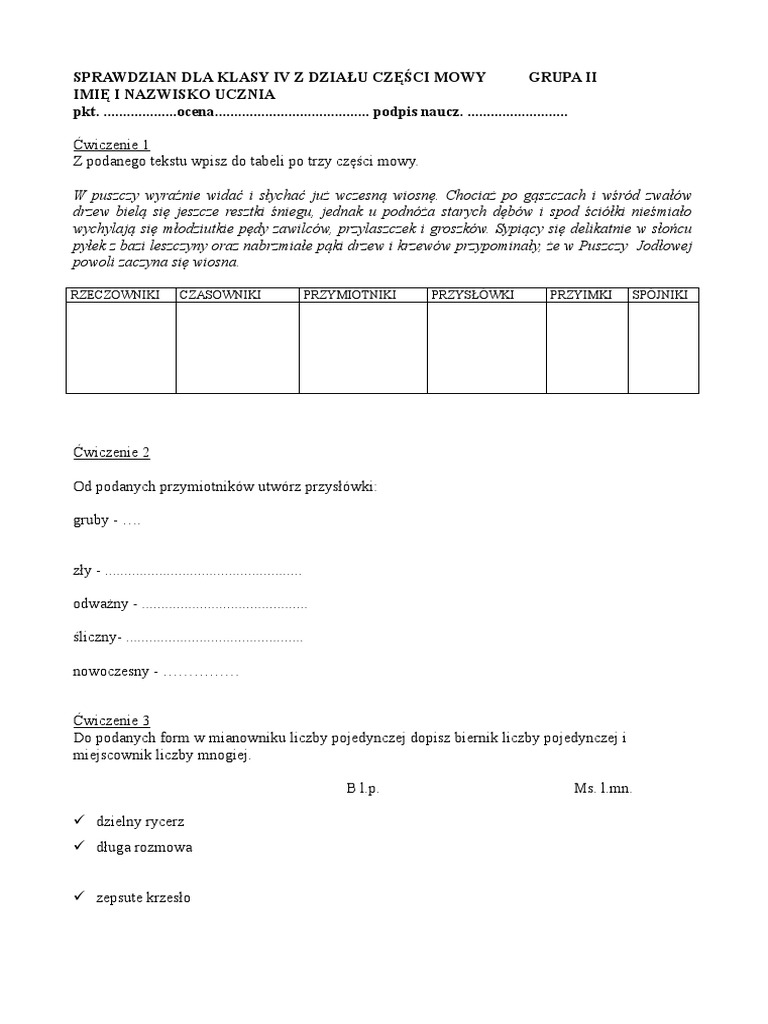Spraedzian Czesci Mowy Klasa 4 PDF