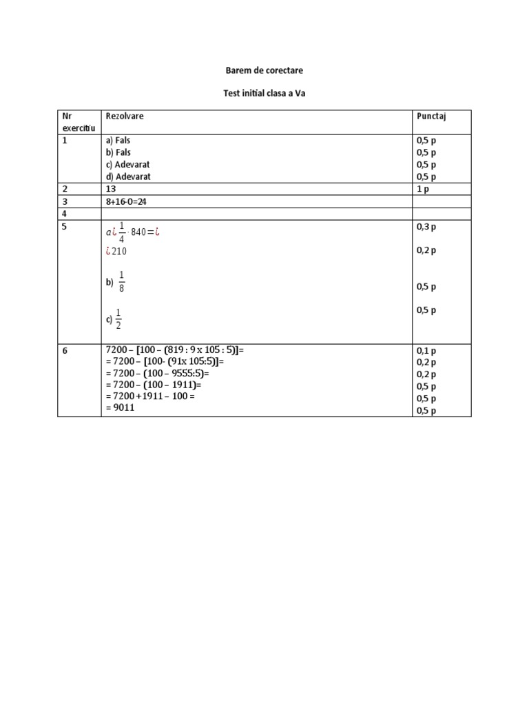 Barem de Corectare Test Initial Clasa A Va | PDF