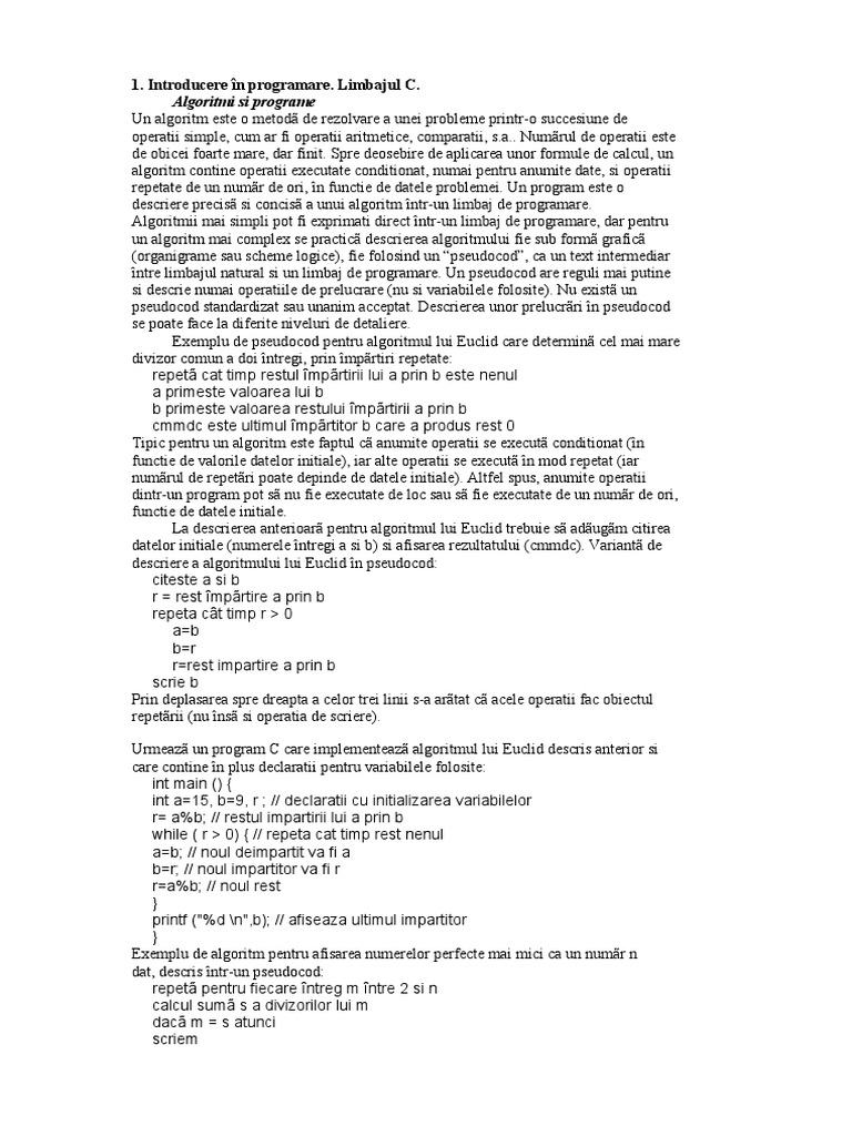 Introducere În Programare. Limbajul C | PDF