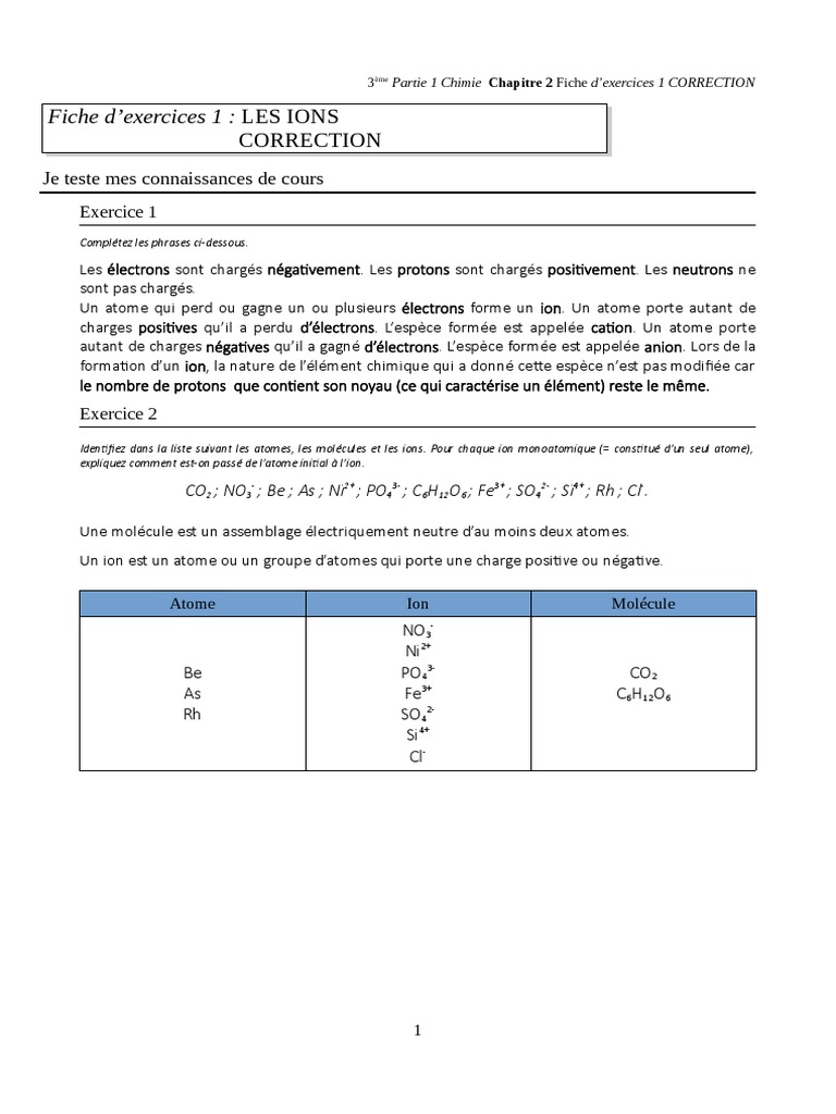 Les Ions En 3ème Exercices Corrigés 3ème-Chimie-Chapitre2-Exercices Correction 19-20 | PDF | Ion | Atomes