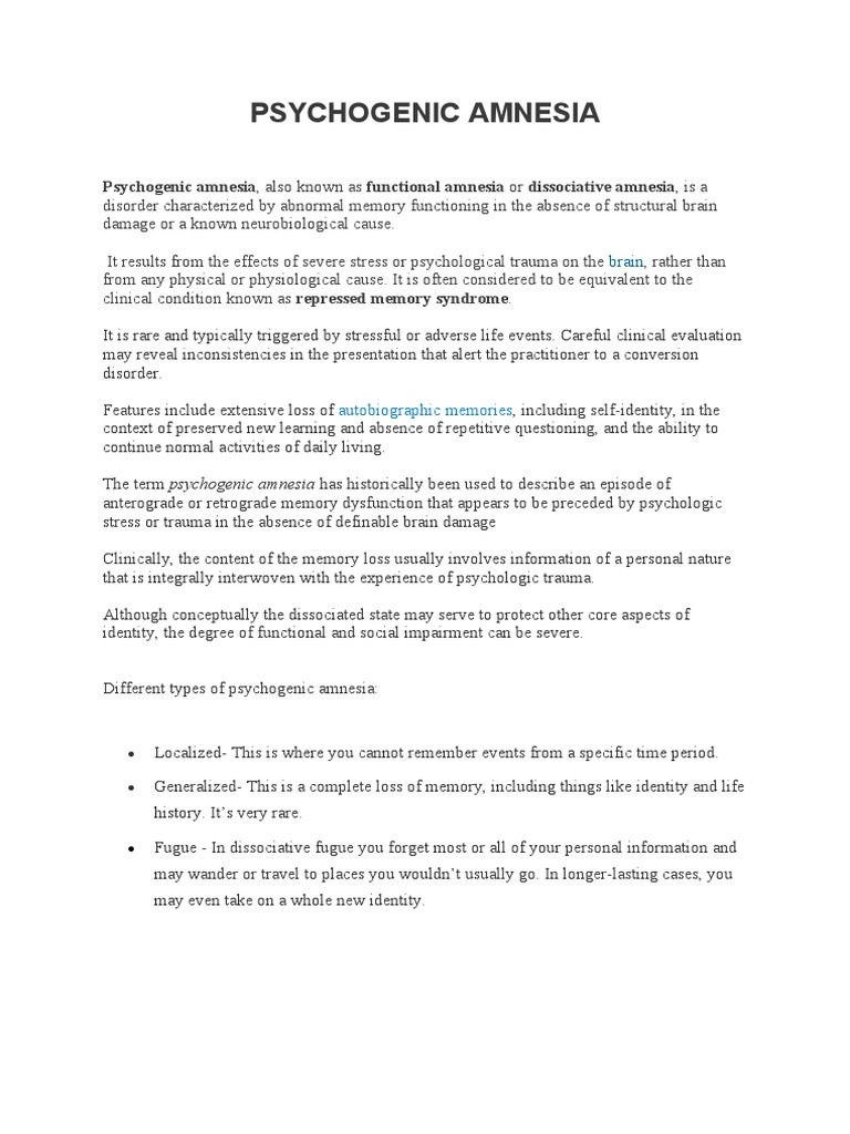 PSYCHOGENIC AMNESIA and FUGUE PDF Dissociation (Psychology
