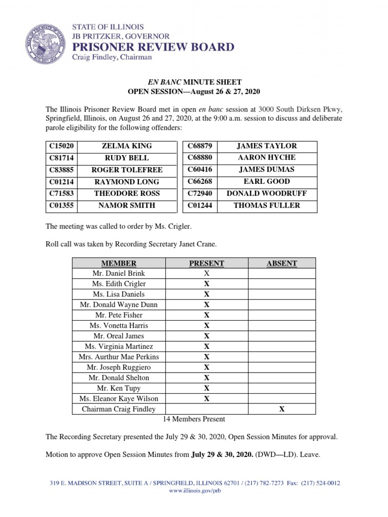 Prisoner Review Board Open Minutes PDF Parole Witness