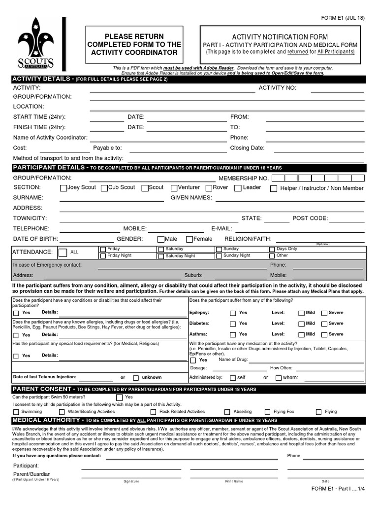 Please Return Completed Form To The Activity Coordinator Activity ...