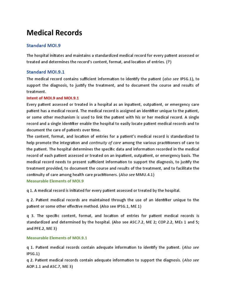 Medical Records: Standard MOI.9 | PDF | Medical Record | Electronic ...