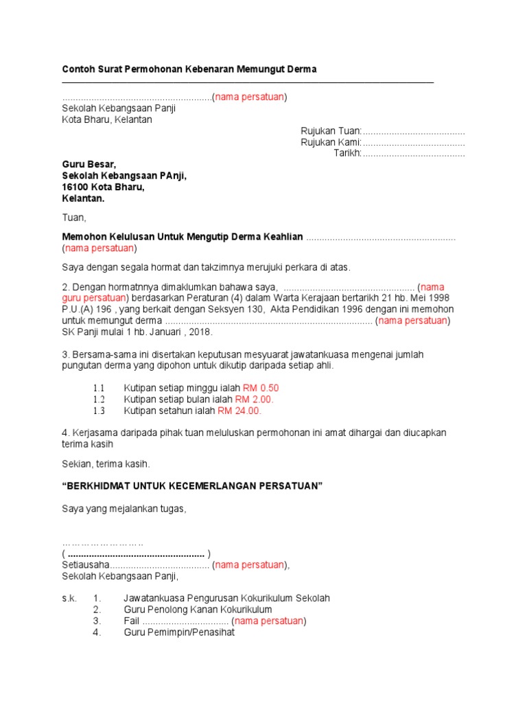 Contoh Surat Kebenaran Permohonan Melanjutkan Lesen Memumungut Derma