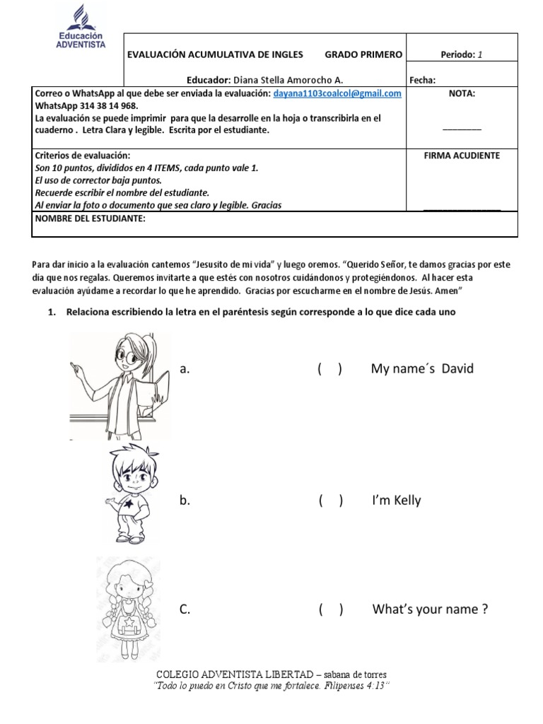 Evaluación de Inglés para Primer Grado | PDF | Religión y creencia | Biblia