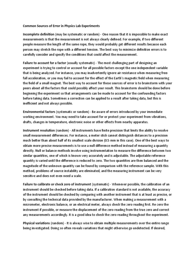 Common Sources of Error in Physics Lab Experiments | PDF ...