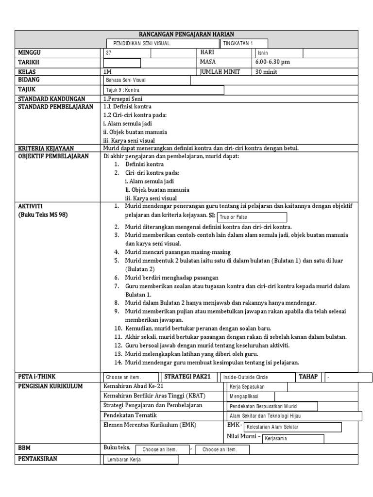 Rancangan Pengajaran Seni Visual Kontra | PDF | Seni