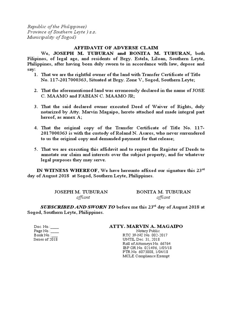 Affidavit of Adverse Claim in Sogod | PDF