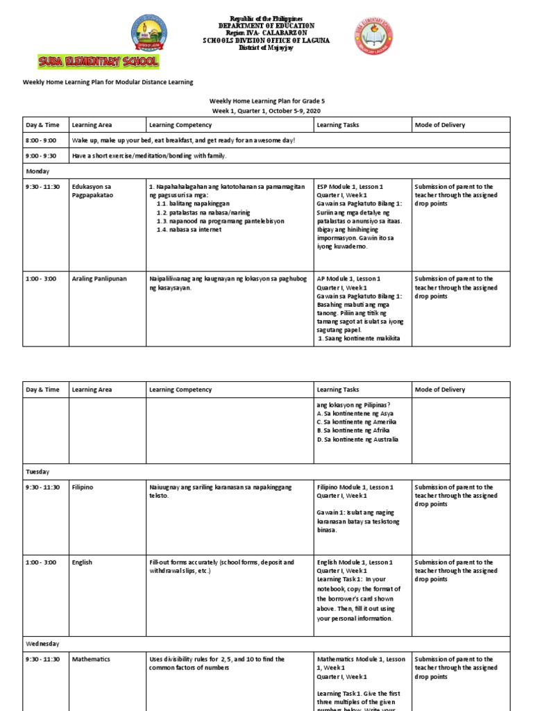 Grade 5 Weekly Learning Plan: Week 1 | PDF | Education Theory | Pedagogy