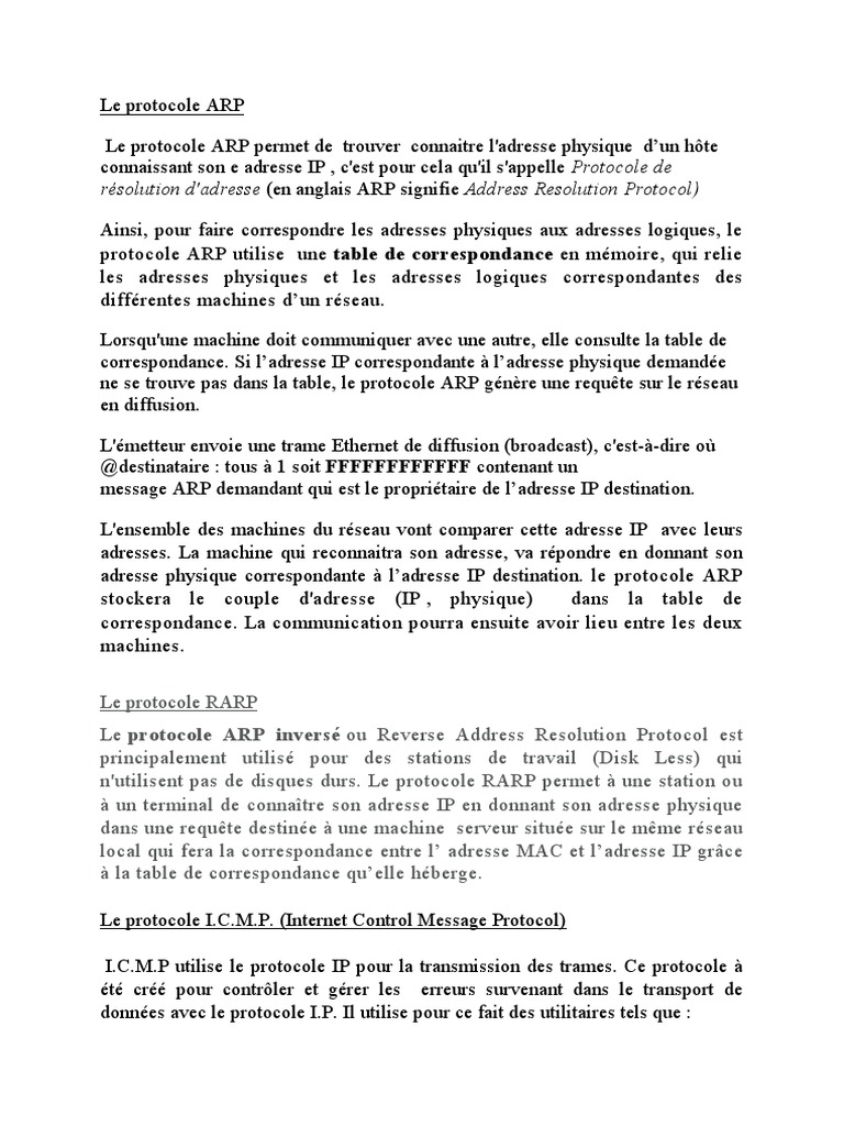 Protocoles Réseau : ARP, RARP, ICMP, TCP/IP | PDF | Suite des ...