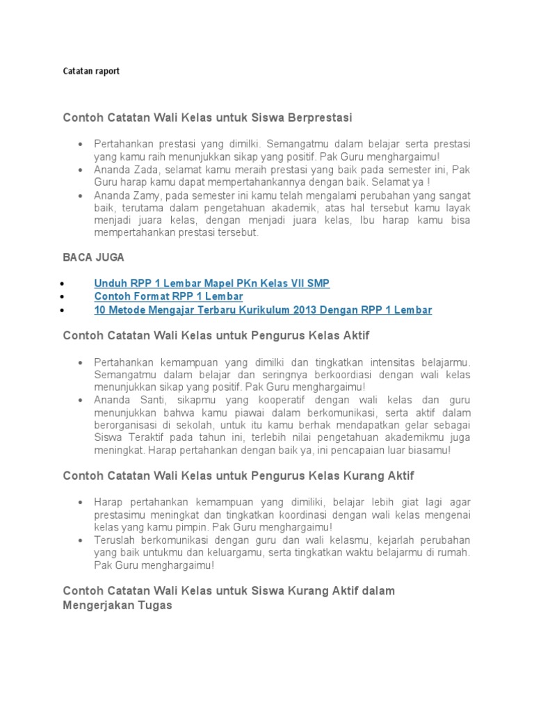 Contoh Catatan Wali Kelas Raport Kelas 6 | PDF