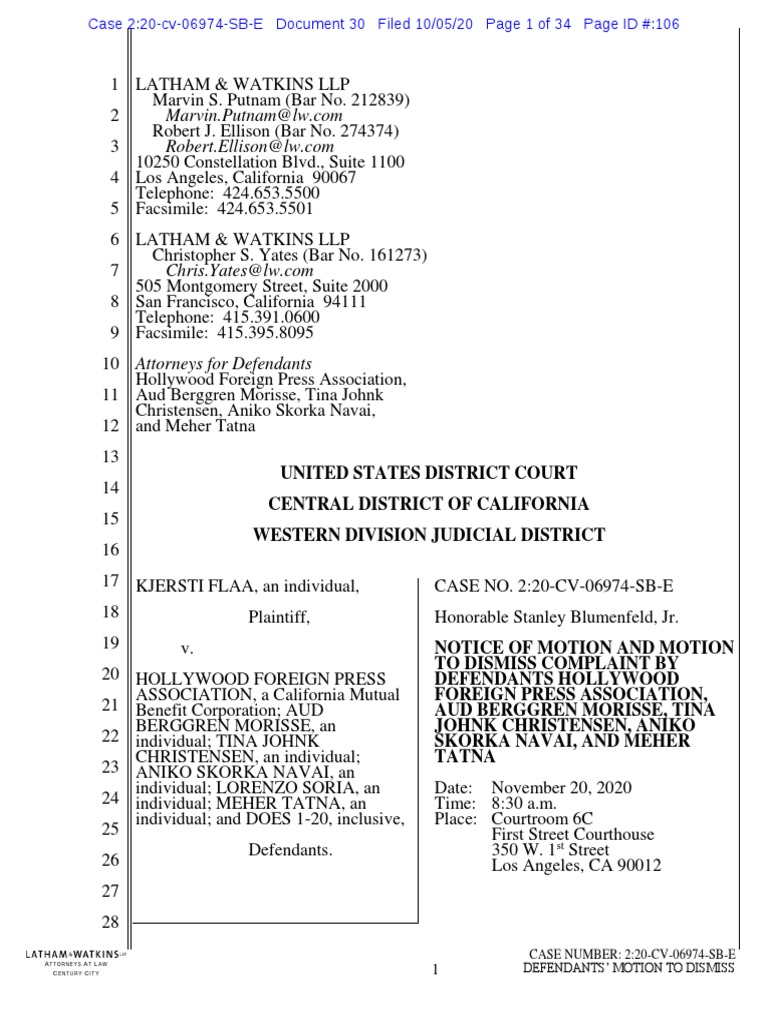 Flaa v. HFPA Motion To Dismiss Download Free PDF Ashcroft V