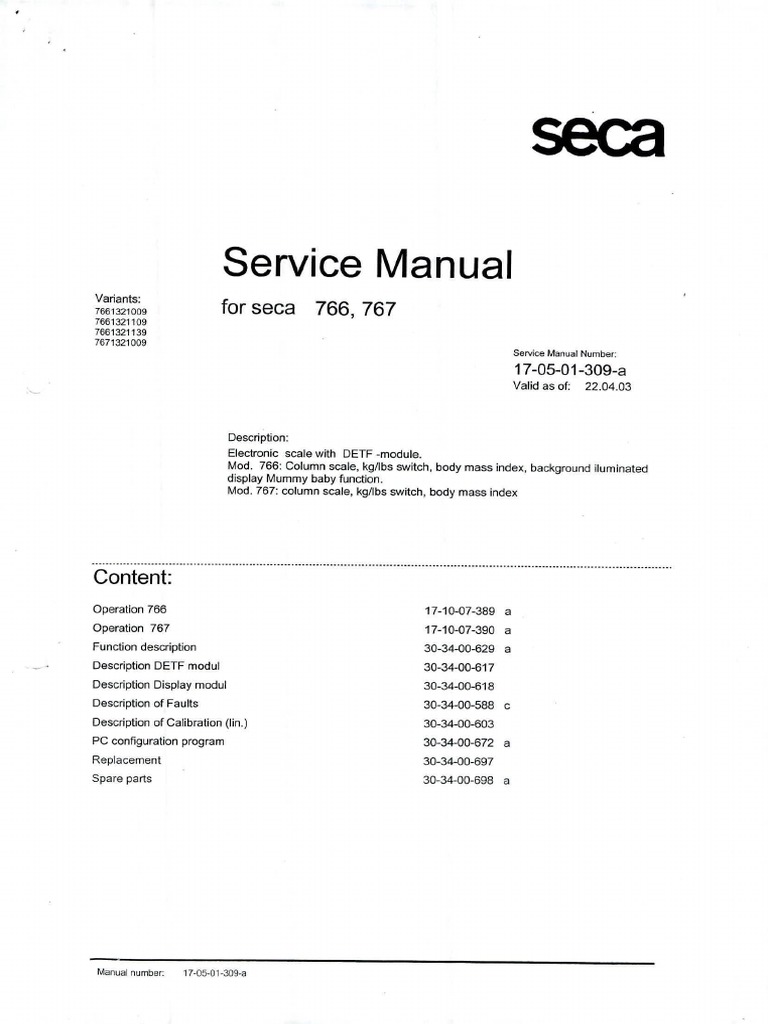 SERVICE MANUAL FOR SECA 766,767 (17-05-01-309-A) | PDF | Calibration ...