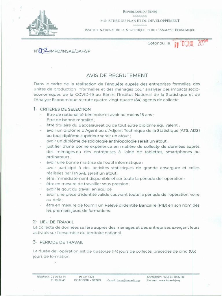 Avis De Recrutement Enquete Covid 19 Informatique Et Technologies De L Information Science Et Technologie