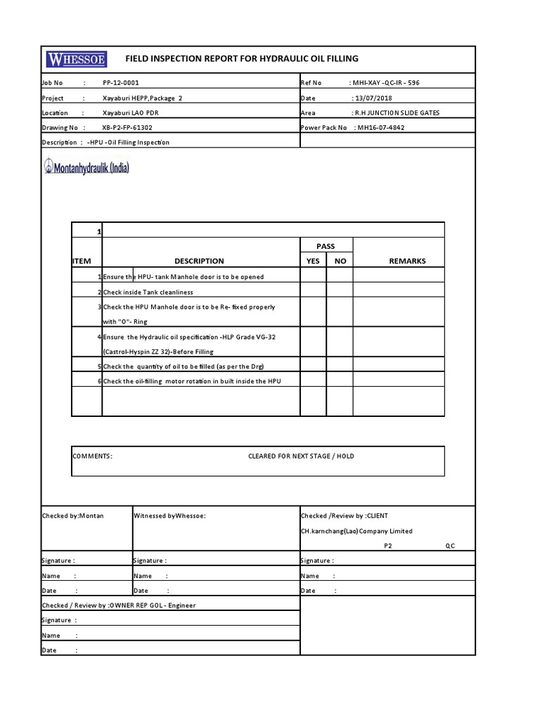 Hydraulic Oil Filling Inspection Report | PDF