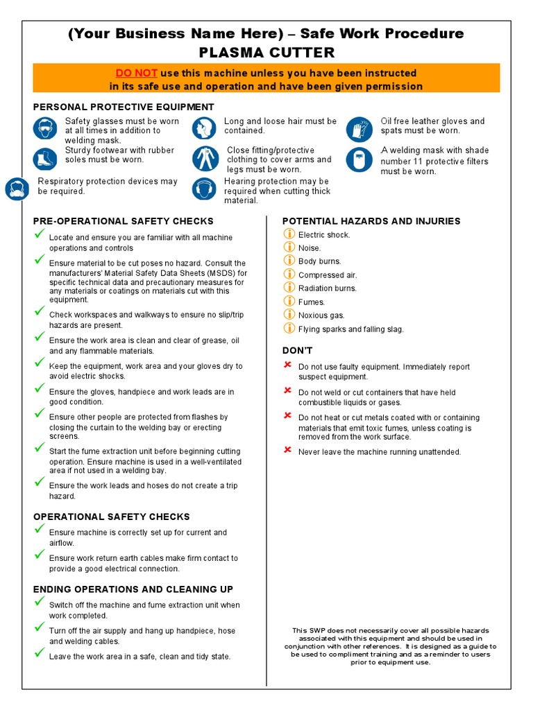 Plasma Cutter Safety Work Procedure | PDF | Personal Protective ...