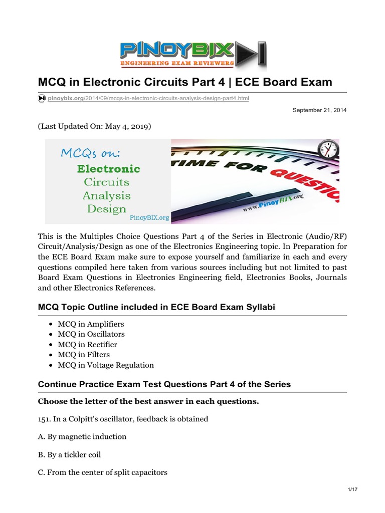 MCQ in Electronic Circuits Part 4 PDF Electronic Oscillator Amplifier