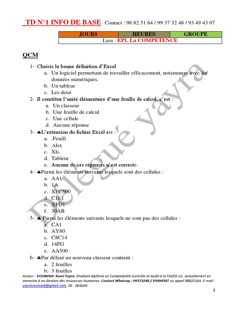 TD N°1 Info de Base 2020 PDF | PDF | Feuille de calcul | Logiciel de ...