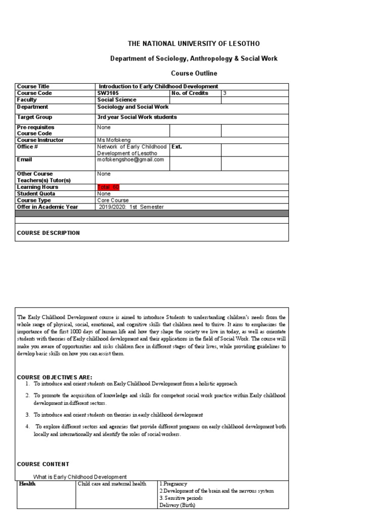 Early Childhood Development Course Outline PDF Developmental