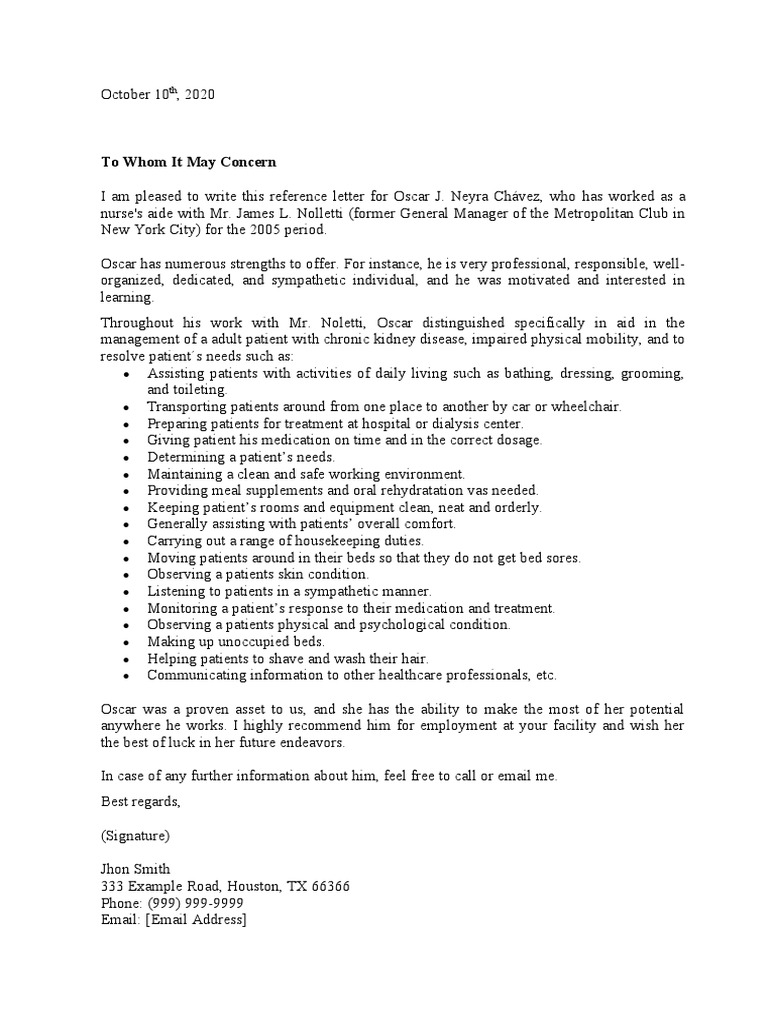Nursing Assistant Reference Letter | PDF