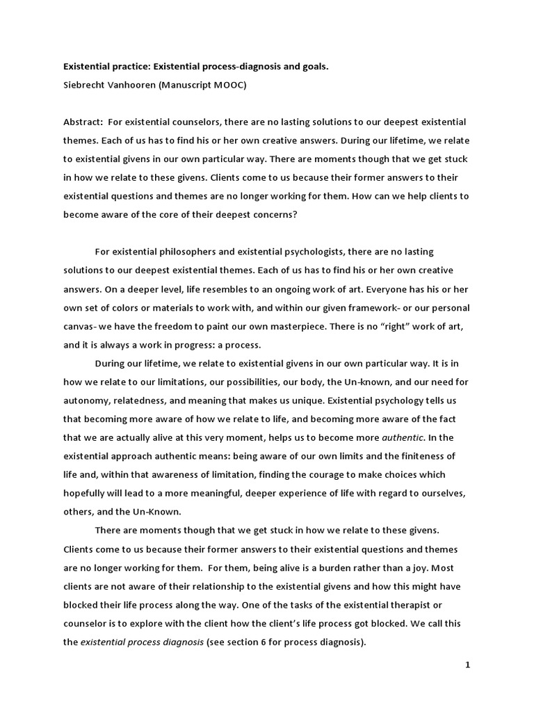 Existential Practice: Existential Process-Diagnosis and Goals | PDF ...