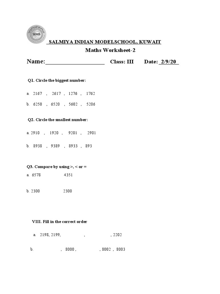 Name:: Maths Worksheet-2 Class: III Date: 2/9/20 | PDF | Teaching ...