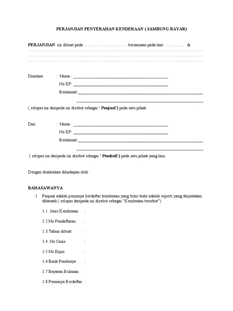 Perjanjian Penyerahan Kenderaan 2020 Pdf