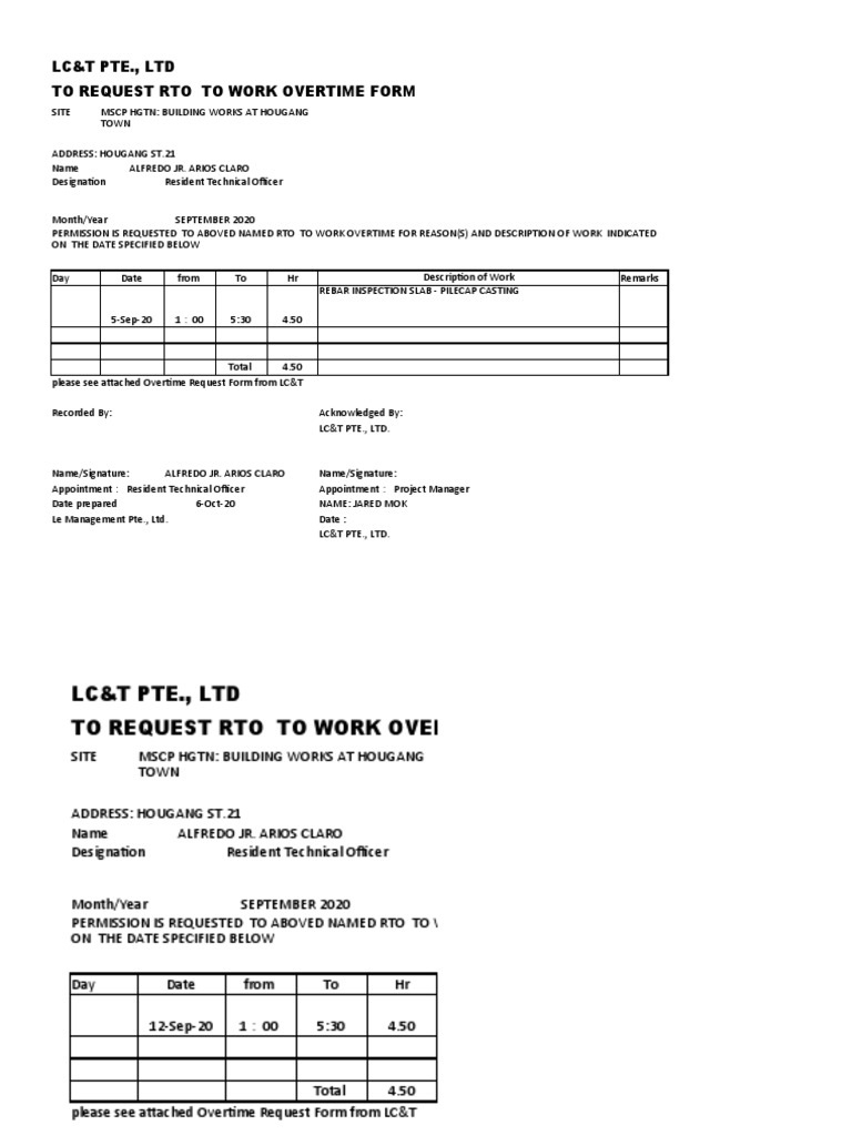RTO Overtime Request for September 2020 | PDF