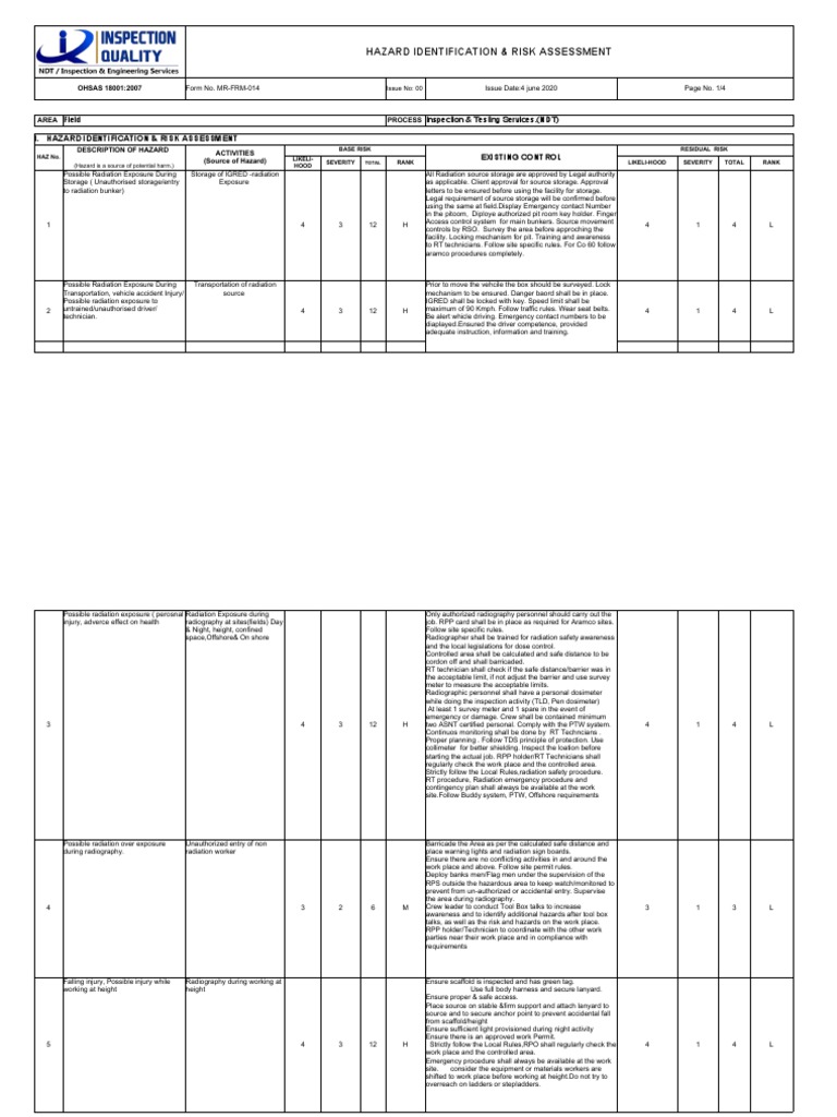 Risk Assessment MR-FRM-014, Rev 00 | PDF | Personal Protective ...