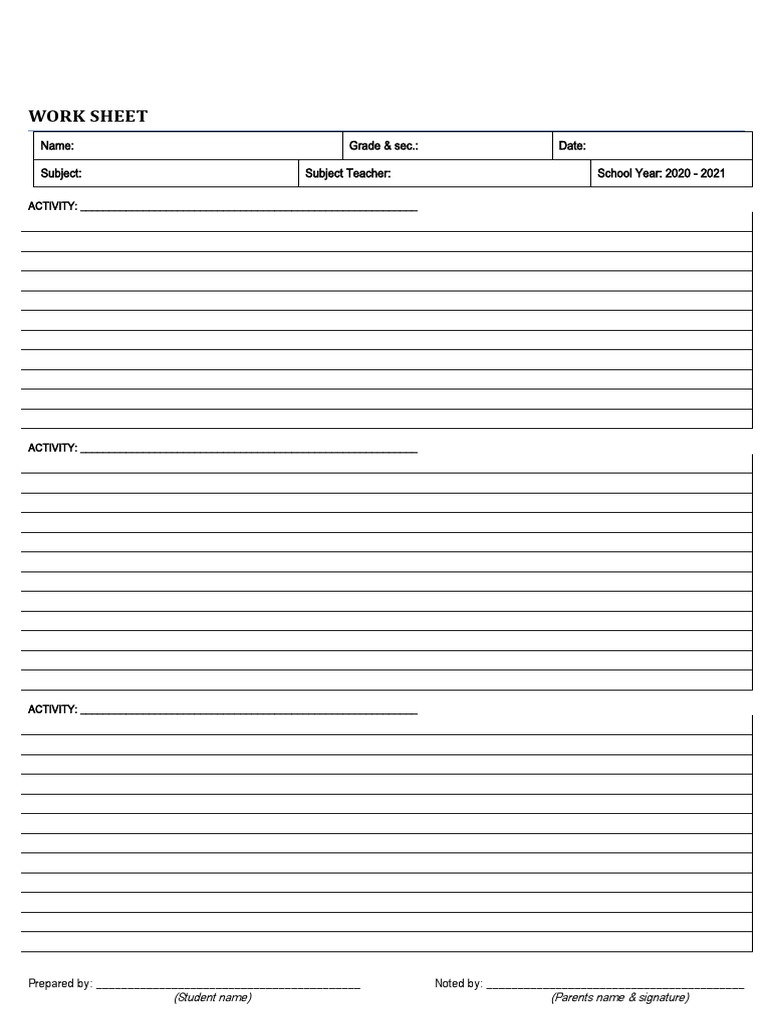 Student Work Sheet Template 2020-2021 | PDF