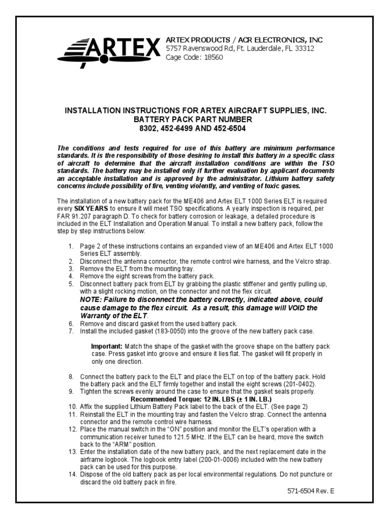 Installation Instructions For Artex Aircraft Supplies, Inc. Battery