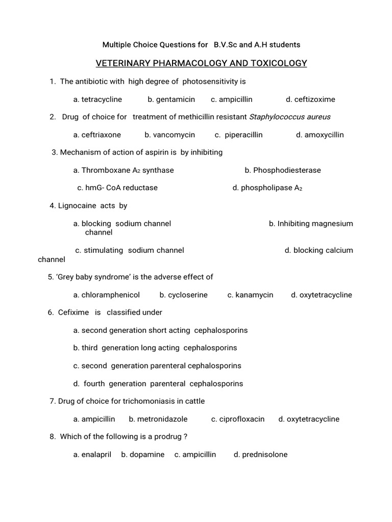 MCQs Veterinary Pharmacology and Toxicology MCQs PDF