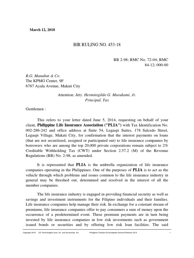 Ruling on CWT for Life Insurance Loans | PDF | Life Insurance | Insurance