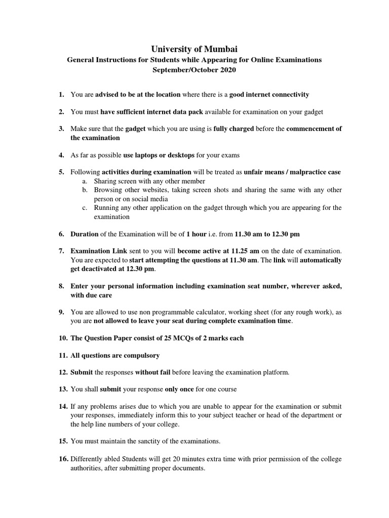 Online Exam Guidelines for Students | PDF
